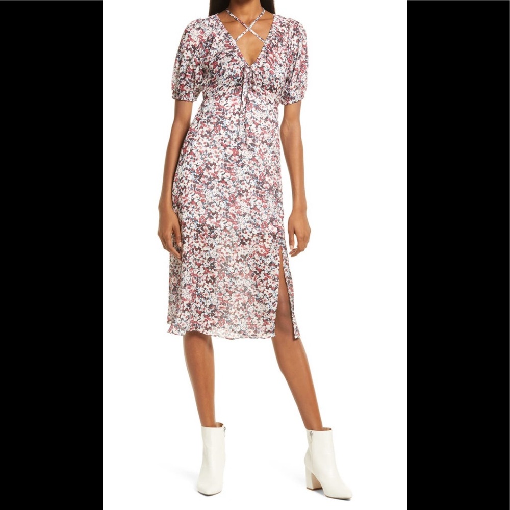 NSR Floral Print Tie Front Midi Dress